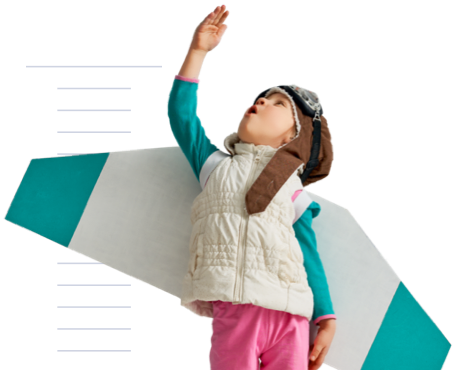 Child wearing airplane wings and pointing up