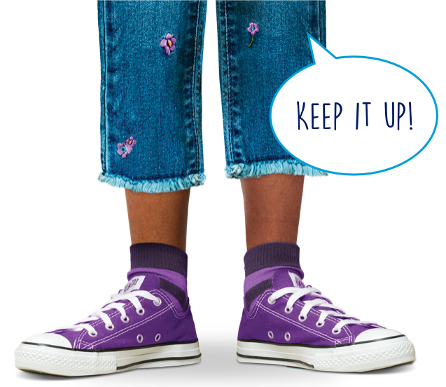 Child wearing purple sneakers