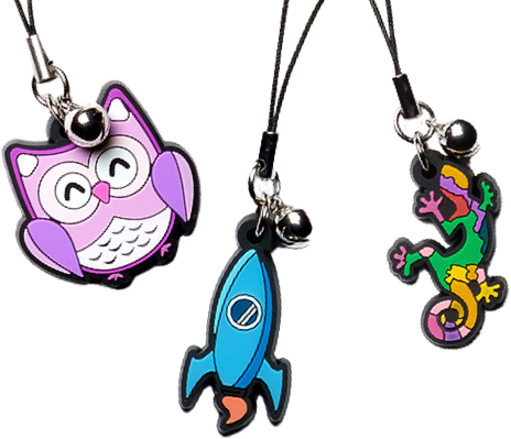 Owl, Rocket, and Iguana charms