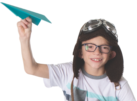 Ashton holding a paper airplane