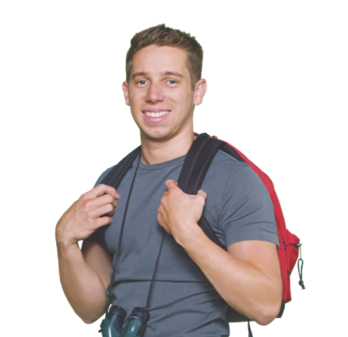 Will holding the straps of a red backpack