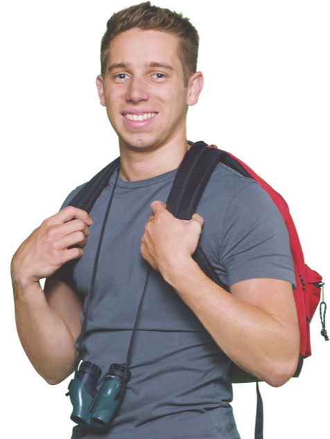 Will holding the straps of a red backpack